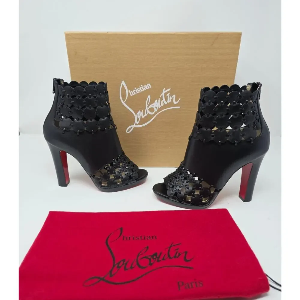 Christian Louboutin Amazona Black Leather Boots Peep Toe Bootie Heel 36.5 US 6.5